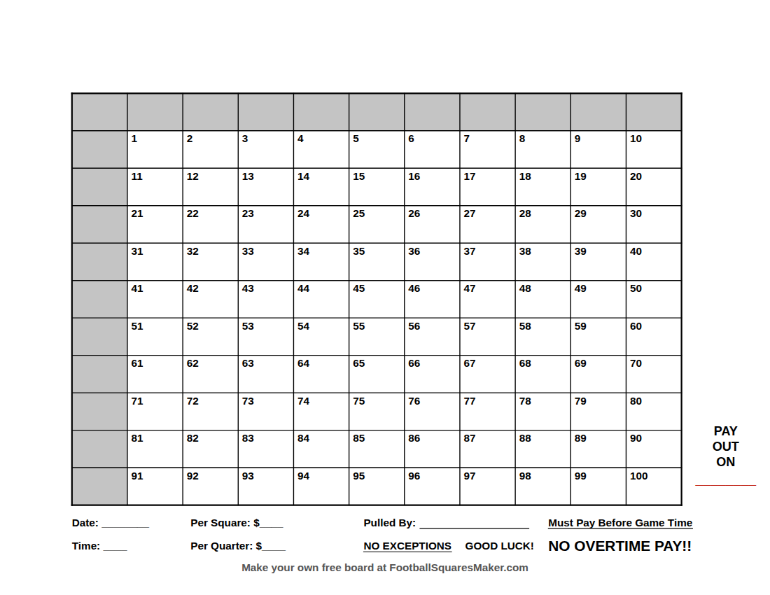 Blank printable 10 by 10 football squares template with 100 numbered squares and gray boxes for the numbers